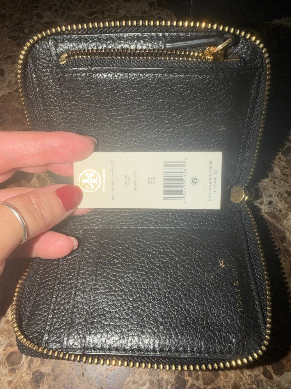 Tory Burch Black Pebbled Leather Zip Card Case with Gold Logo